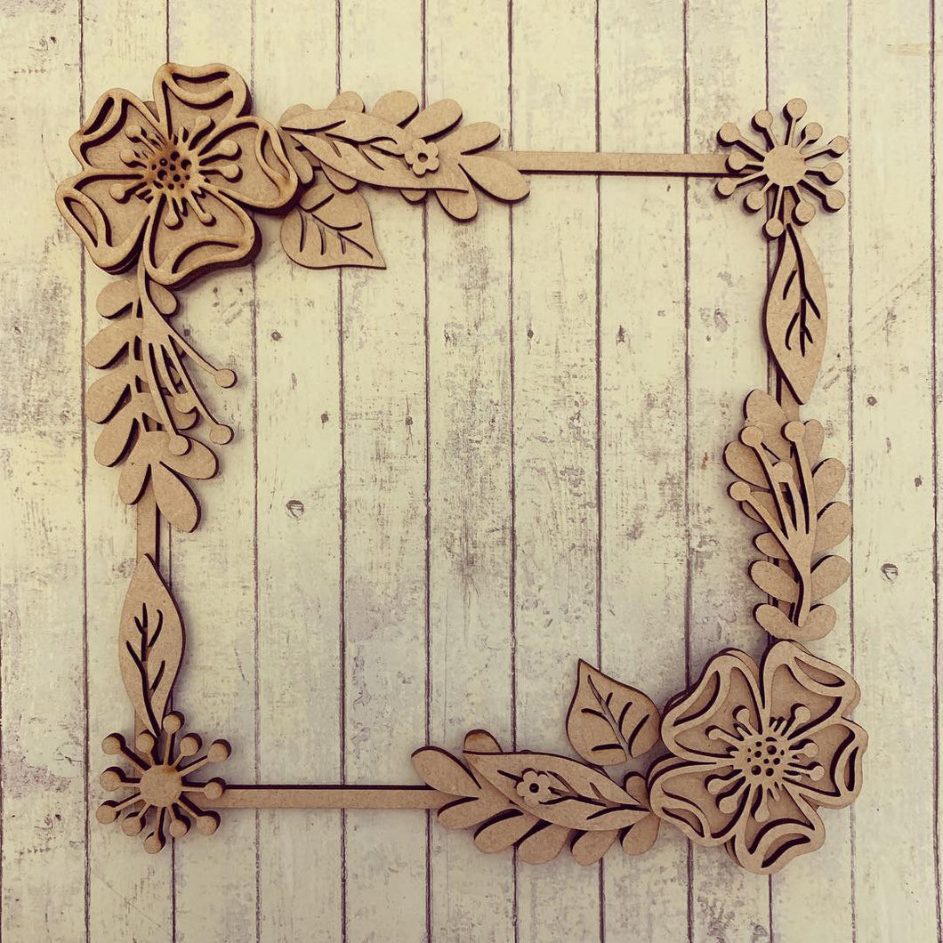 SW012 - MDF Sparkle Flowers Square Floral Wreath - Olifantjie - Wooden - MDF - Lasercut - Blank - Craft - Kit - Mixed Media - UK