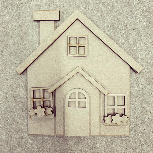 OL291 - MDF House with porch and  flowers kit - Olifantjie - Wooden - MDF - Lasercut - Blank - Craft - Kit - Mixed Media - UK