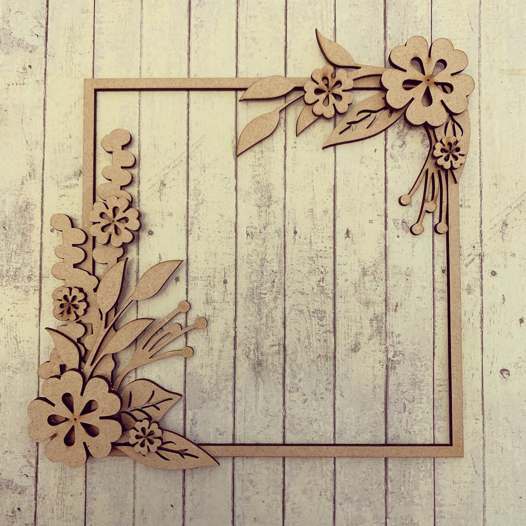 SW006  - MDF Blossom Flower Square Floral Wreath - Olifantjie - Wooden - MDF - Lasercut - Blank - Craft - Kit - Mixed Media - UK