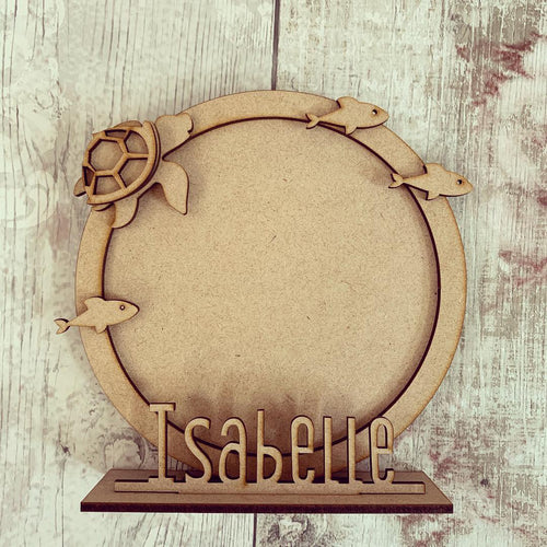 CF039 - MDF Cute Turtle Themed Personalised Freestanding Circular Photo Frame - Olifantjie - Wooden - MDF - Lasercut - Blank - Craft - Kit - Mixed Media - UK