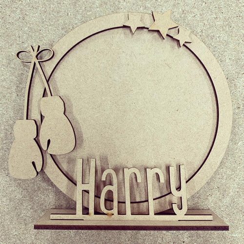 CF048 - MDF Boxing Gloves Themed Personalised Freestanding Circular Photo Frame - Olifantjie - Wooden - MDF - Lasercut - Blank - Craft - Kit - Mixed Media - UK