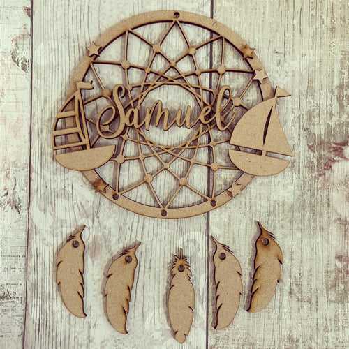 DC054 - MDF Sailboat Dream Catcher - with Initials, Name or Wording - Olifantjie - Wooden - MDF - Lasercut - Blank - Craft - Kit - Mixed Media - UK