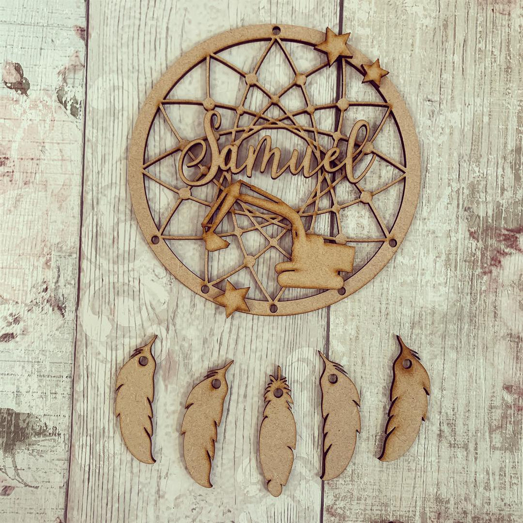 DC055 - MDF Digger Dream Catcher - with Initials, Name or Wording - Olifantjie - Wooden - MDF - Lasercut - Blank - Craft - Kit - Mixed Media - UK