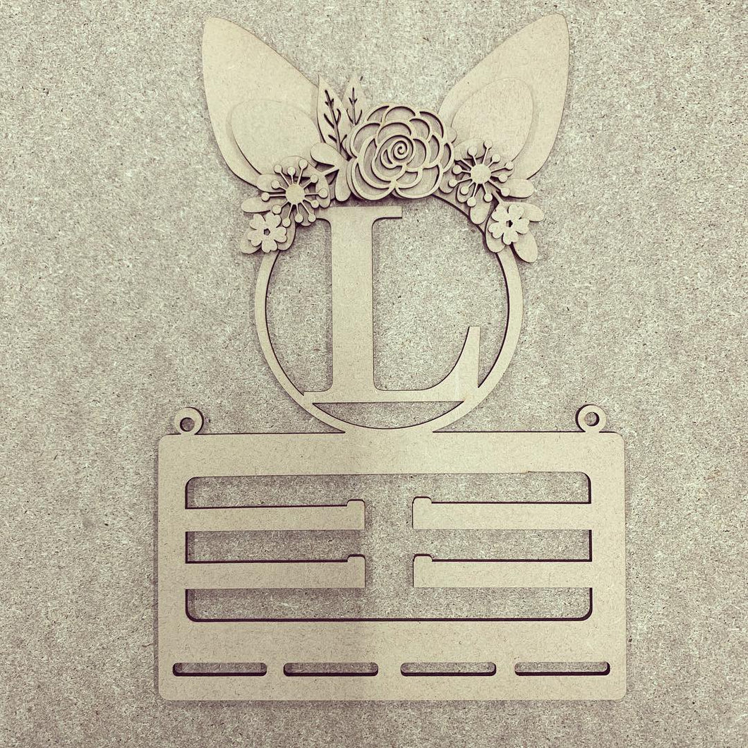 BH003 - MDF Rabbit Ears - Floral Initial Bow Holder - 4 flower choices - Olifantjie - Wooden - MDF - Lasercut - Blank - Craft - Kit - Mixed Media - UK