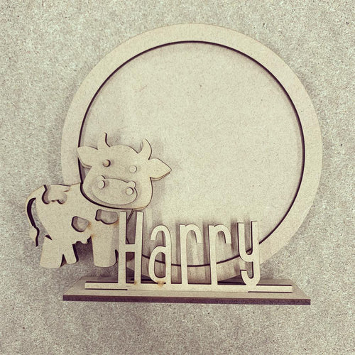 CF047 - MDF Cute Cow Themed Personalised Freestanding Circular Photo Frame - Olifantjie - Wooden - MDF - Lasercut - Blank - Craft - Kit - Mixed Media - UK