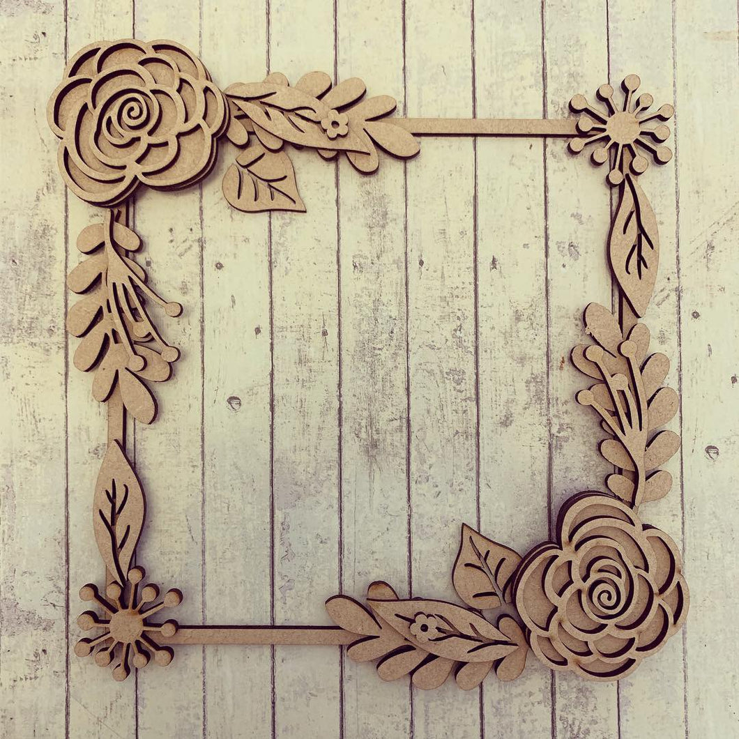SW013 - MDF Sparkle Dog Rose Flowers Square Floral Wreath - Olifantjie - Wooden - MDF - Lasercut - Blank - Craft - Kit - Mixed Media - UK