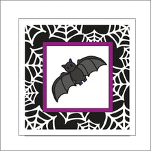 OL1911 - MDF Halloween Spider Web effect square plaque with doodle - Bat - Olifantjie - Wooden - MDF - Lasercut - Blank - Craft - Kit - Mixed Media - UK