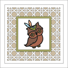 OL1840 - MDF Rattan effect square plaque with doodle Tribal - Owl - Olifantjie - Wooden - MDF - Lasercut - Blank - Craft - Kit - Mixed Media - UK