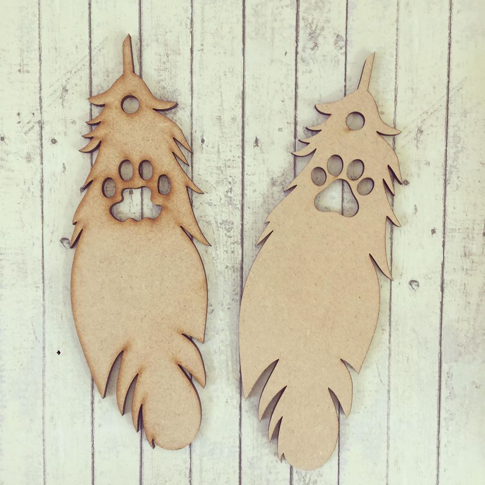 MDF Pet Feather - Cat or Dog Paw Print (One Supplied) - Olifantjie - Wooden - MDF - Lasercut - Blank - Craft - Kit - Mixed Media - UK