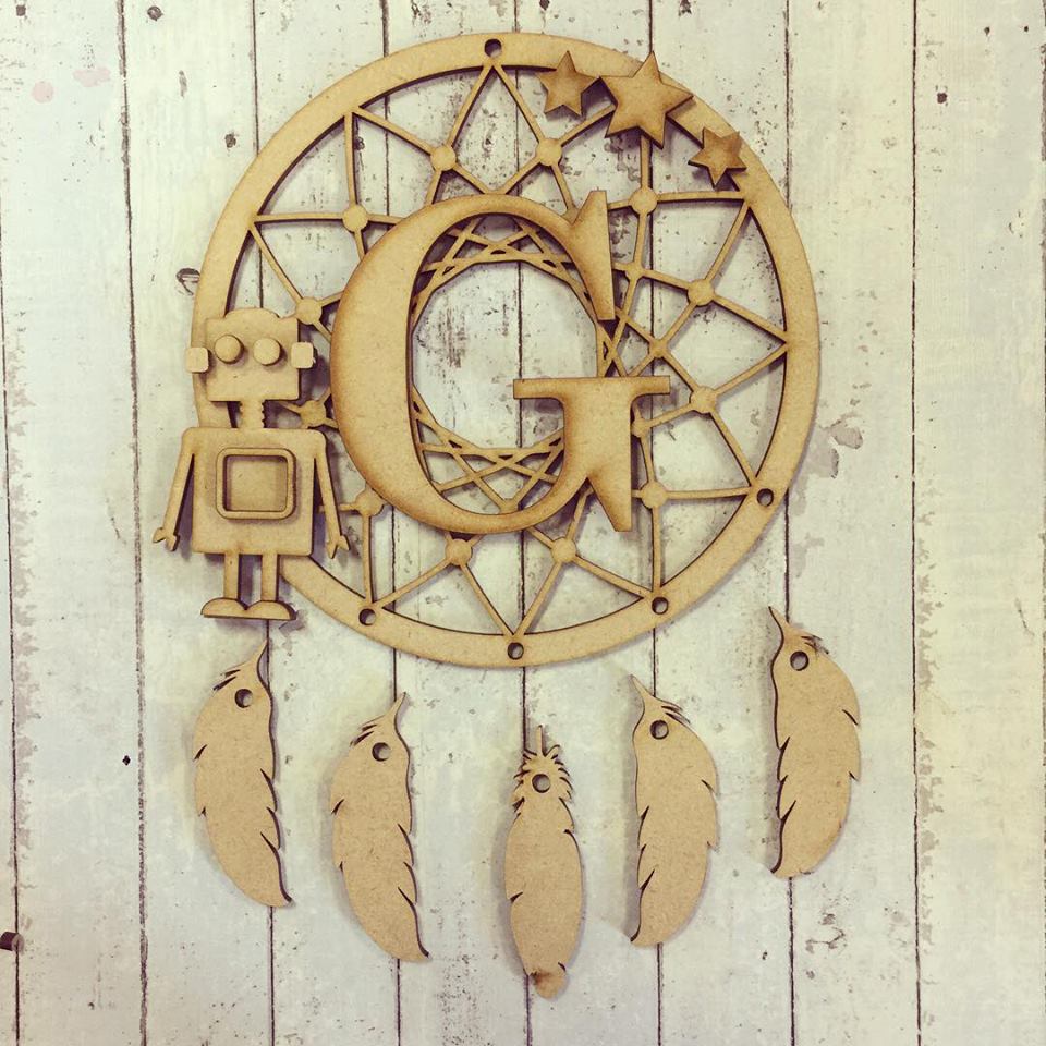 DC024 - MDF Robot Dream Catcher - with Initial, Initials, Name or Wording - Olifantjie - Wooden - MDF - Lasercut - Blank - Craft - Kit - Mixed Media - UK
