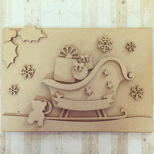 CH050 - MDF Large Sleigh and Presents Wall Art - Olifantjie - Wooden - MDF - Lasercut - Blank - Craft - Kit - Mixed Media - UK