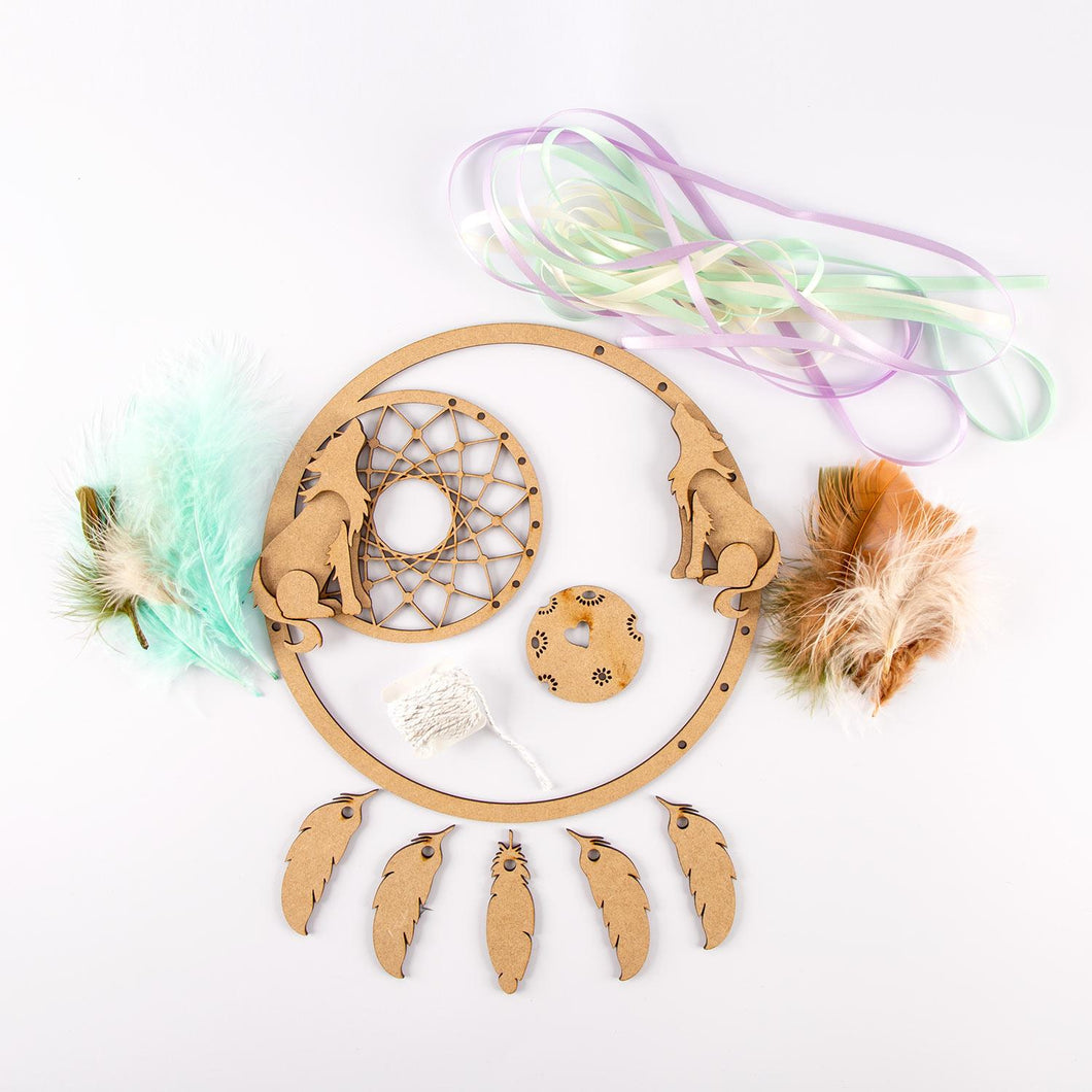HC067 -  MDF Large Wolves Dreamcatcher with feathers and ribbon - Olifantjie - Wooden - MDF - Lasercut - Blank - Craft - Kit - Mixed Media - UK