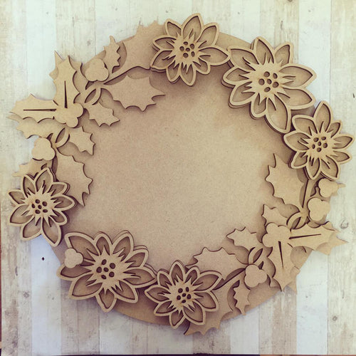 CH049 - MDF Large Poinsettia & Holly Wreath and Backing Plate - Olifantjie - Wooden - MDF - Lasercut - Blank - Craft - Kit - Mixed Media - UK